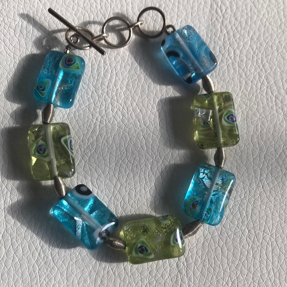 Gorgeous artisan Glass bead bracelet aqua, green